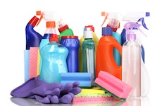 a colorful variety of cleaning supplies