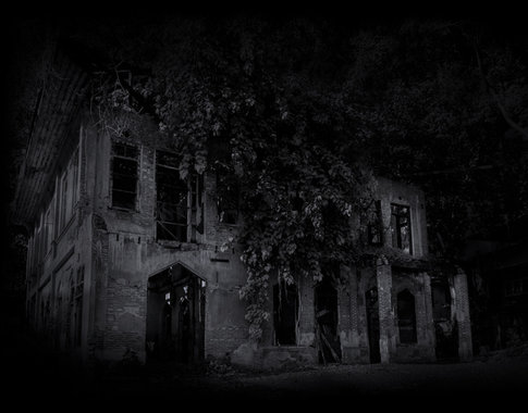 Old abandoned house. Black and white. Dark tone.