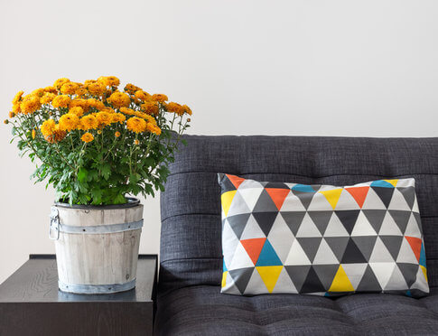 Furnished apartment personalized with multi-color geometric accent pillow on grey couch and bouquet of fall flowers