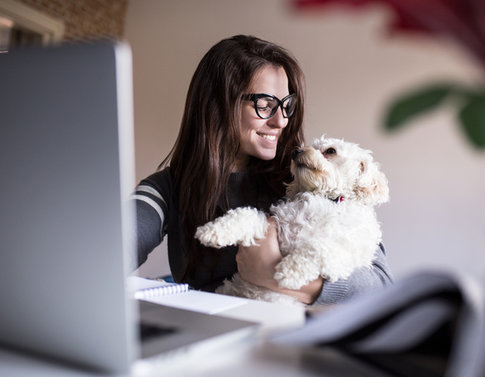 Girl holding while dog in front of computer while applying for apartments