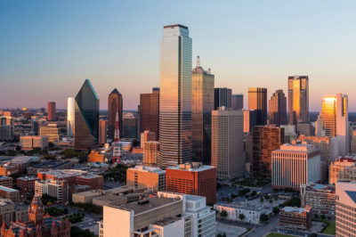 A skyline shot of Dallas, Texas at sunset.