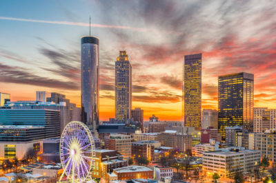 Night skyline of Atlanta, Georgia with beautiful sunset.