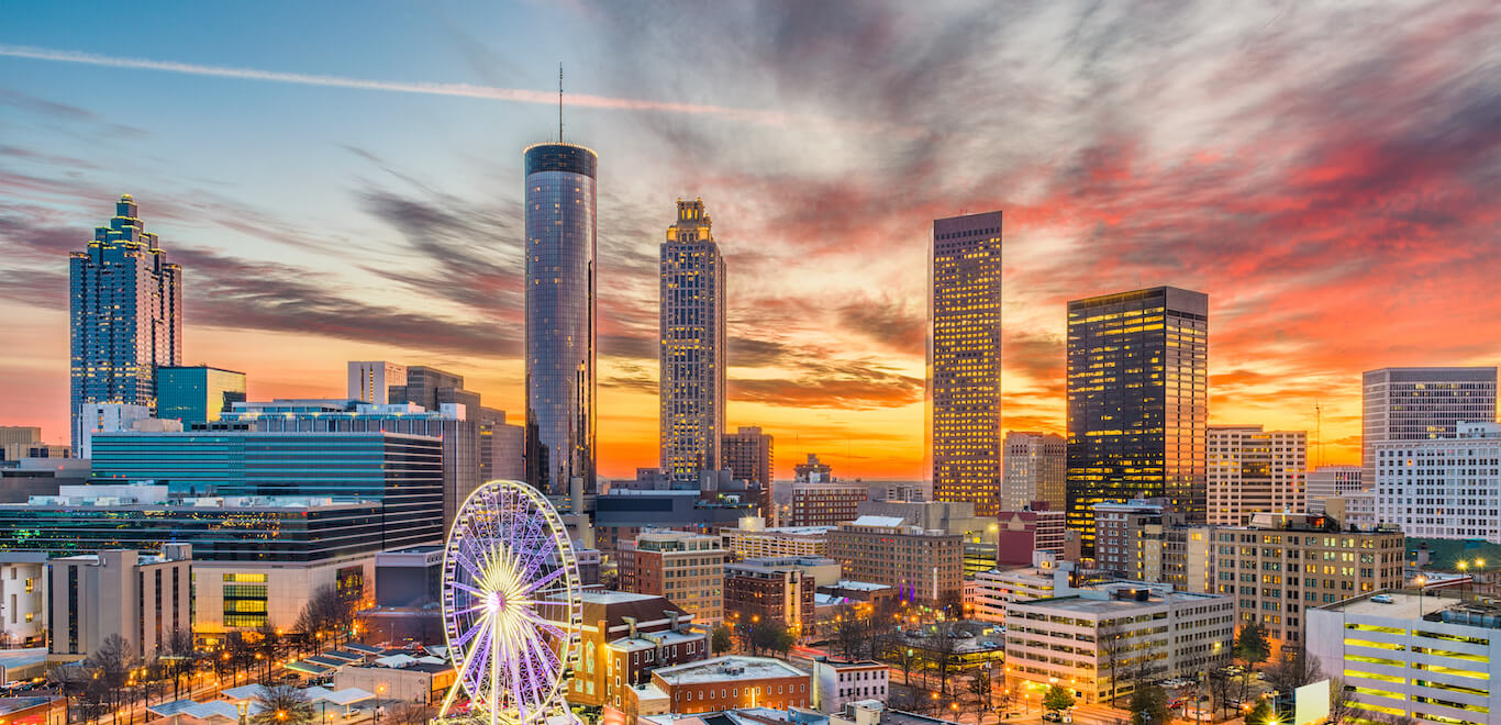 Night skyline of Atlanta, Georgia with beautiful sunset.