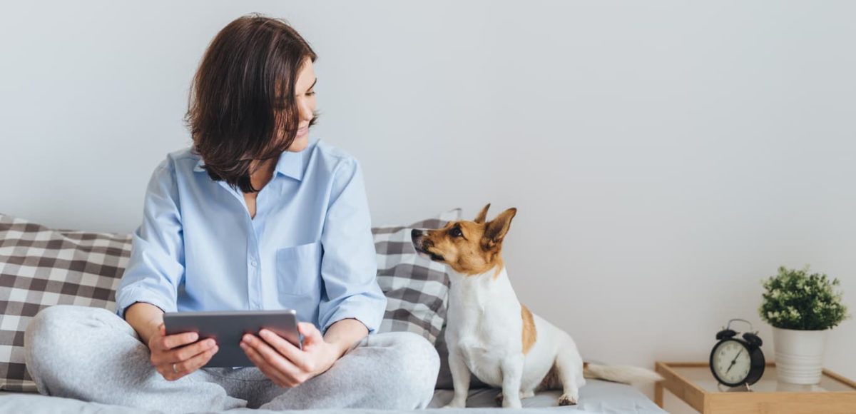 Woman with tablet sitting on bed looking at dog.