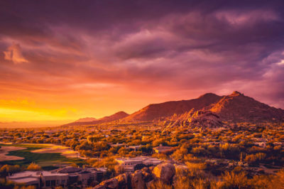 Scottsdale, Arizona at sunset beautiful desert sunset purple orange.