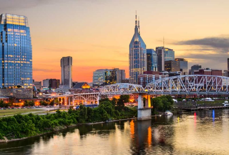 Nashville, Tennessee downtown skyline at Shelby Street Bridge.