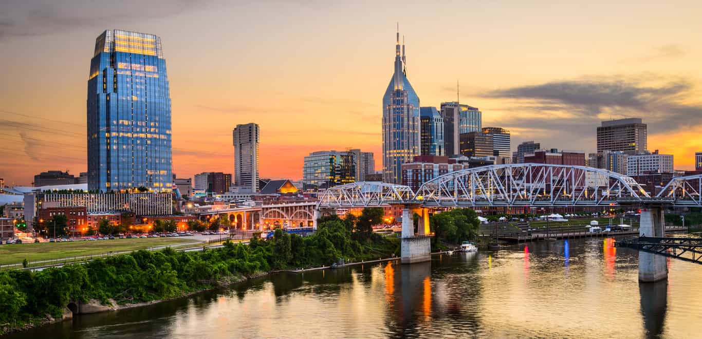 Nashville, Tennessee downtown skyline at Shelby Street Bridge.