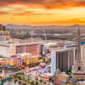 The Las Vegas Strip skyline at sunset.