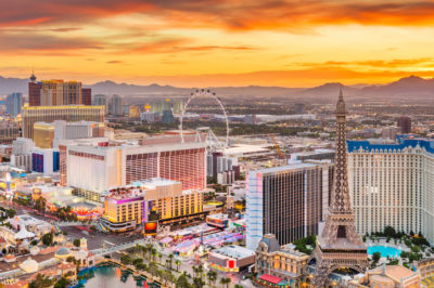 The Las Vegas Strip skyline at sunset.