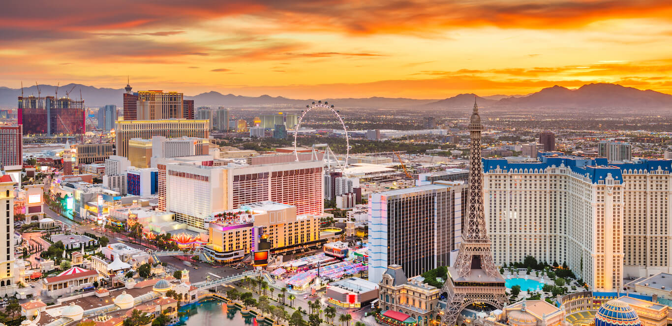 The Las Vegas Strip skyline at sunset.