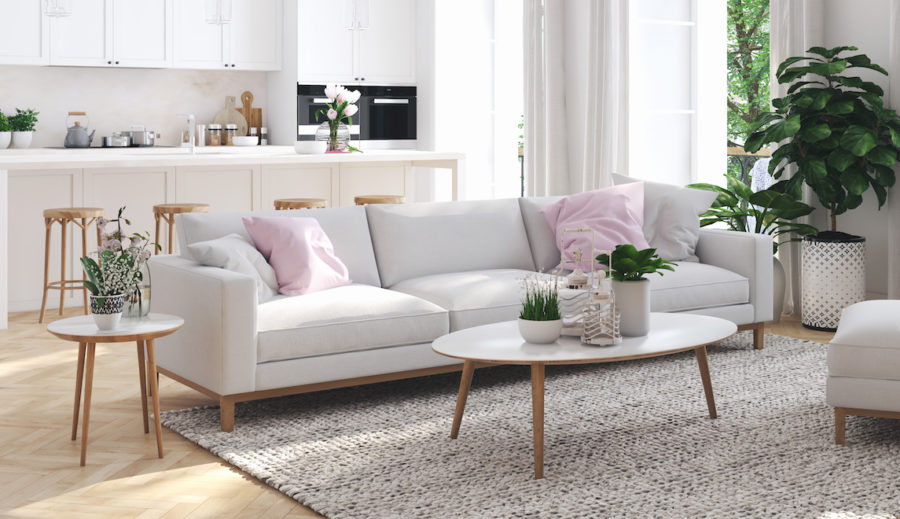 Modern living room with light gray and white pallet and pink accents faux plants in furnished apartment for rent near me.