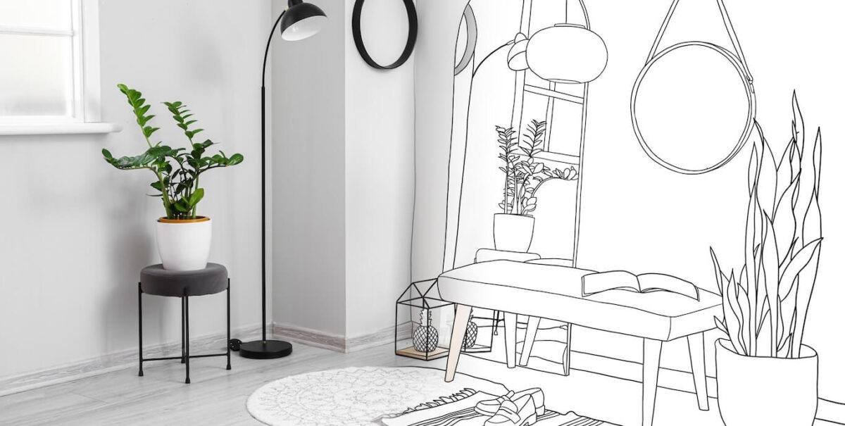 A photo of a bright, modern apartment that turns into a drawing, imagining furniture and decor opportunities.