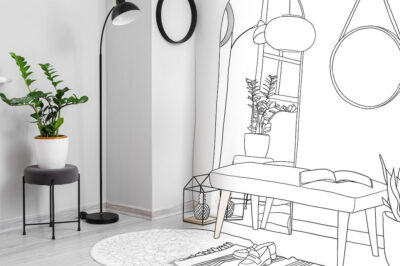 A photo of a bright, modern apartment that turns into a drawing, imagining furniture and decor opportunities.